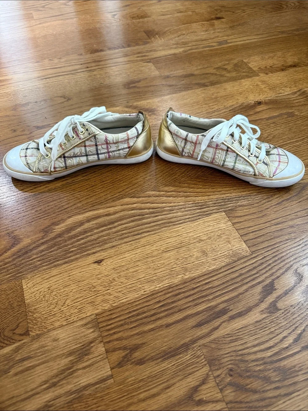 Coach Barrett multi color Plaid Logo Sneakers Gold Trim Women’s Size 7.5B